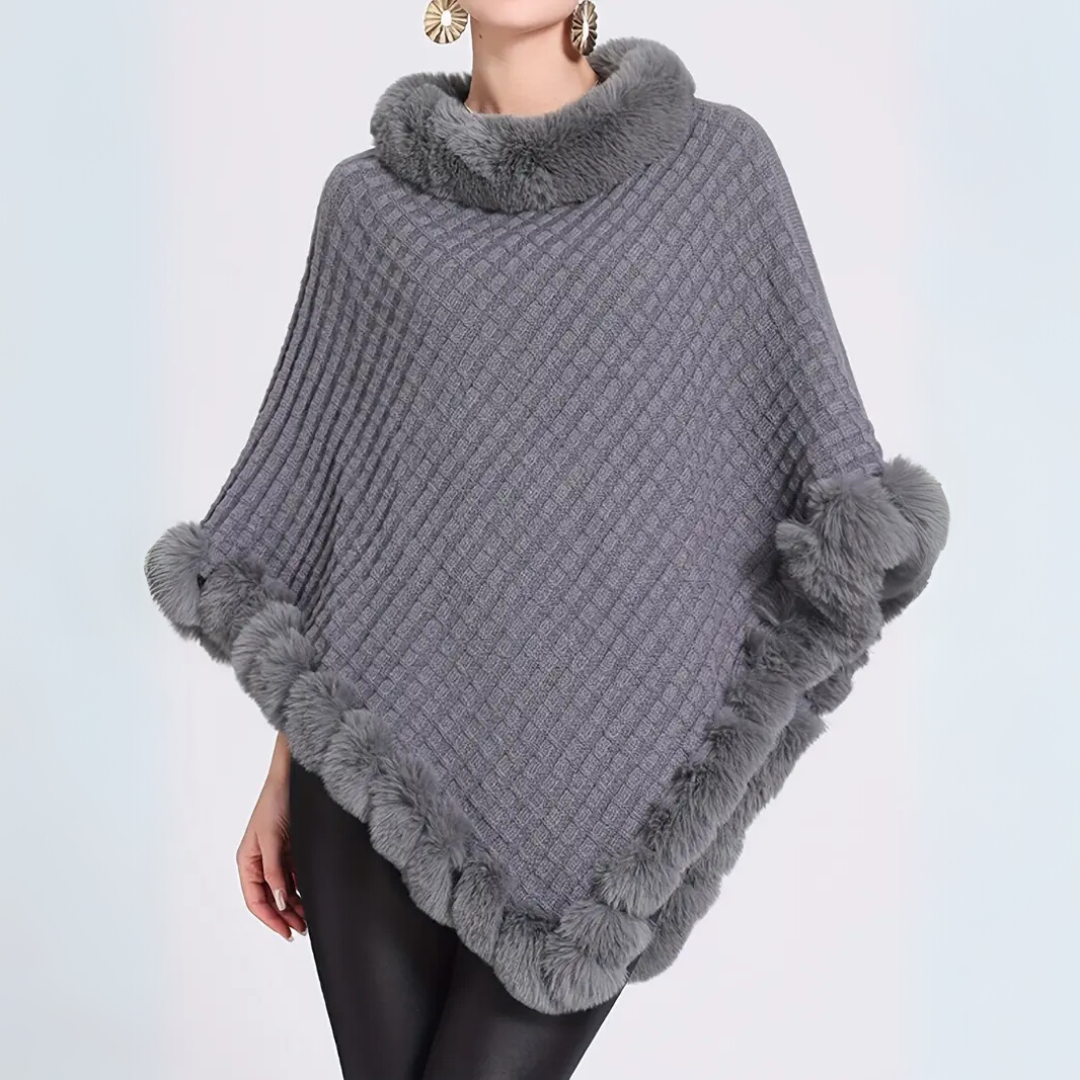 KAYLEN | LUXURIÖSER STRICKPONCHO MIT KUNSTFELL