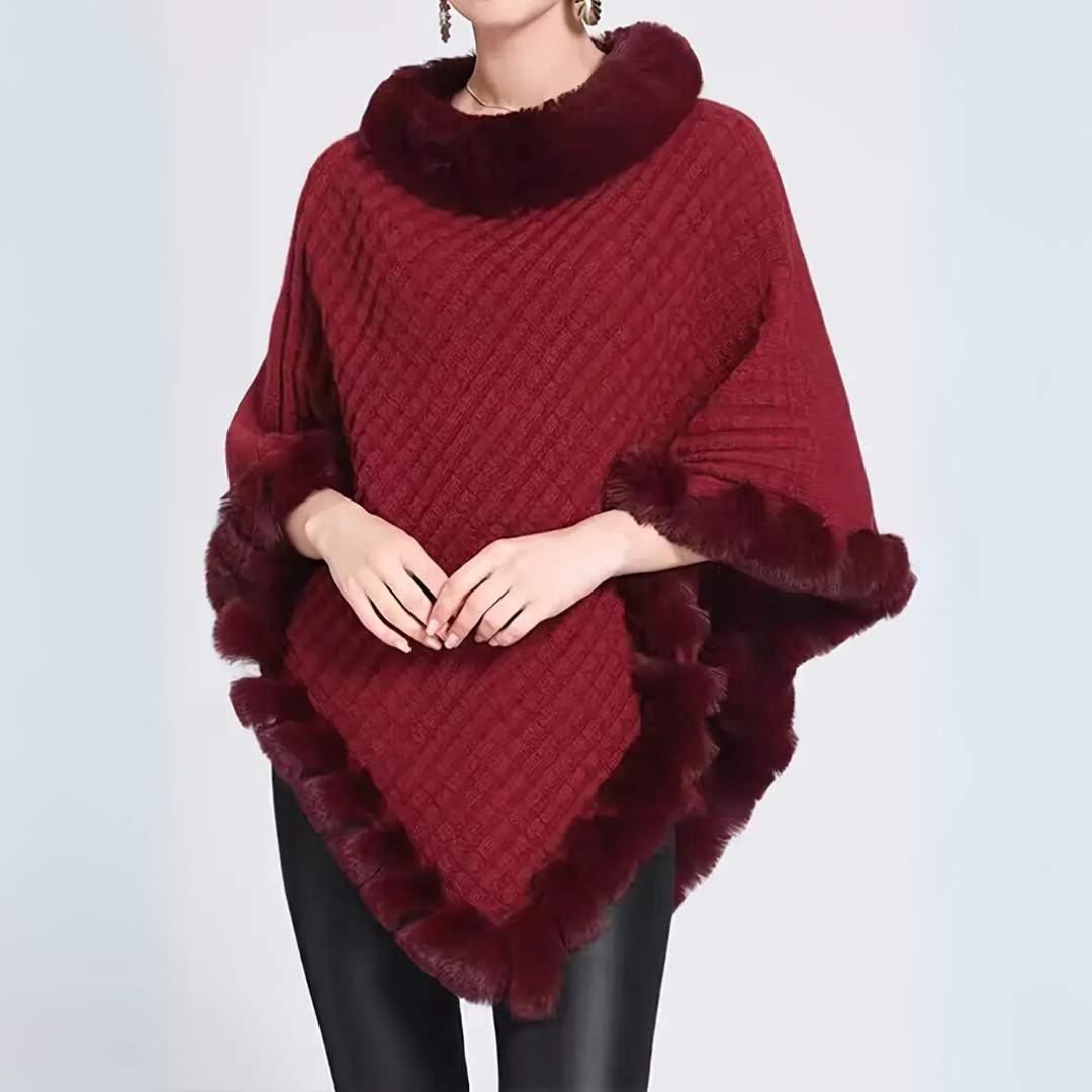 KAYLEN | LUXURIÖSER STRICKPONCHO MIT KUNSTFELL